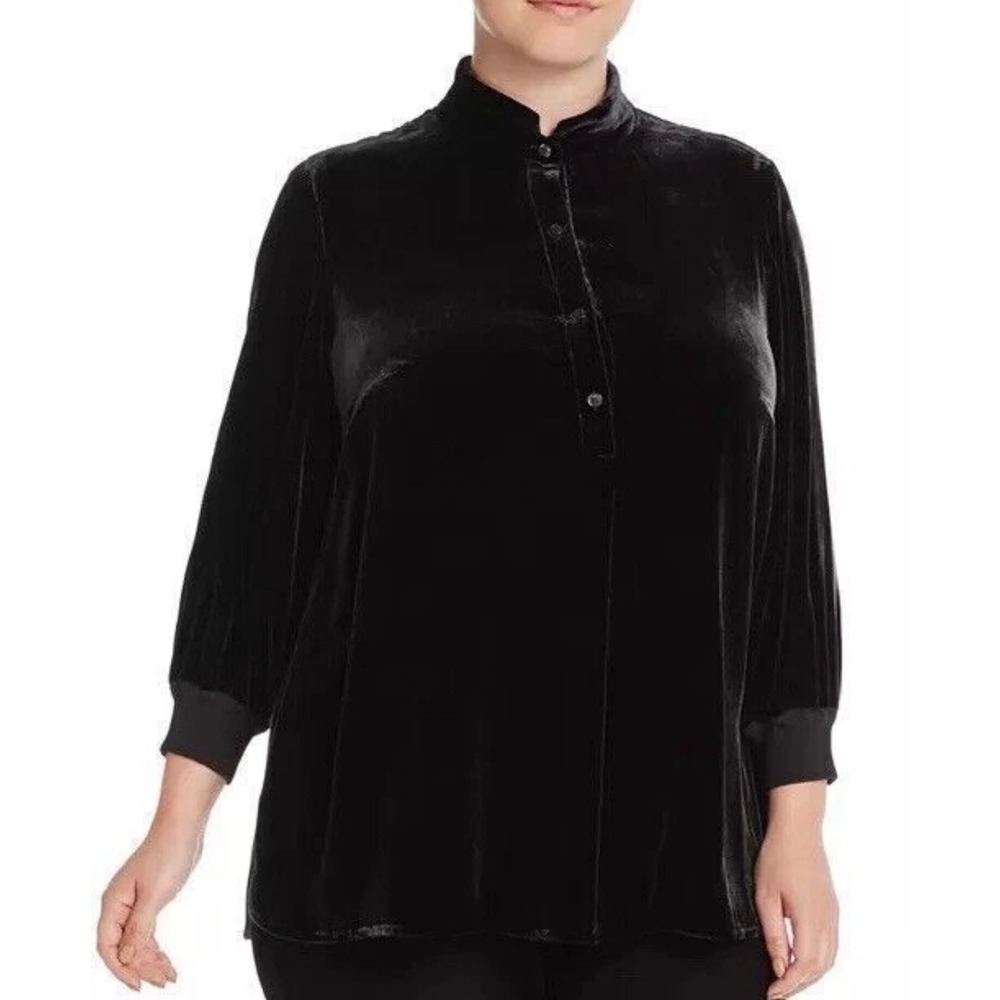 Lafayette 148 New York Velvet Tunic Women Petite Small Black Collar‎ Long Sleeve